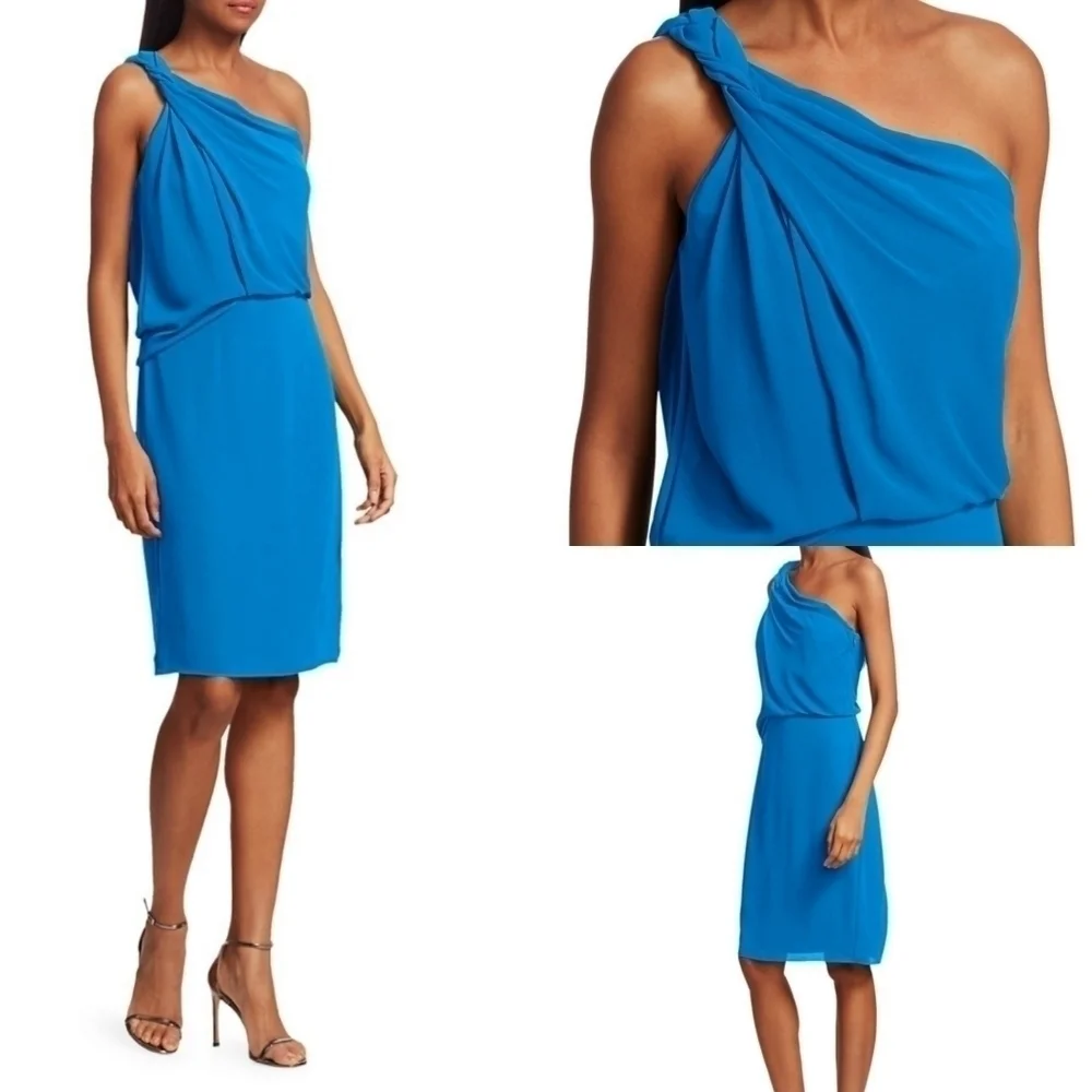 New Halston Braided Strap One-Shoulder Silky Georgette Dress NWT Size 4